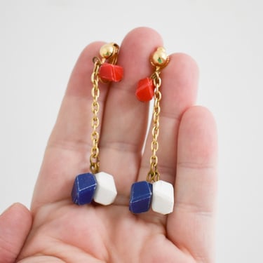 1960s Red, White, and Blue Cube Bead Dangle Clip Earrings 