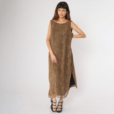 90s Silk Leopard Dress Animal Print Vintage Maxi Sun Dress Side Slit Sleeveless Sundress 1990s Straight Column Cut 18W Plus Size 