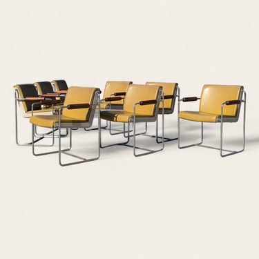 Eight Mid Century Armchairs, c. 1970s, Office Chairs, Walnut, Pleather, Chrome, MCM, Molded Plastic, Retro, Unique, Dining, Conference Room 