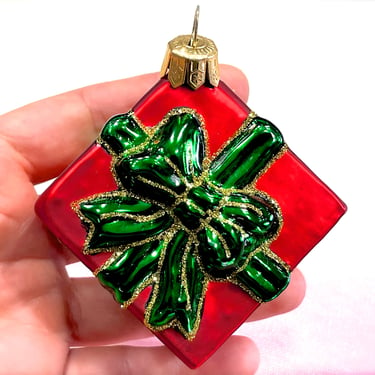 VINTAGE: Glass Christmas Gift Ornament - Present Ornament - Mercury Ornament - Holiday - Xmas 