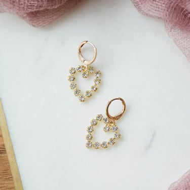 dainty heart earrings, romantic clear Swarovski crystal bridesmaid wedding jewelry, Regency Art Deco dangle drop earrings, gift for her 