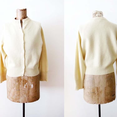 Vintage 60s Bernard Altmann Cashmere Womens Cardigan XS S Light Yellow Tan Off White - 1960s Knit Pin Up Rockabilly Sweater 