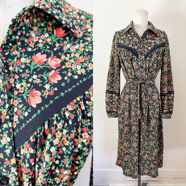 Vintage 1970s Dark Floral Peasant Dress / XL 