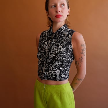 Vintage Moschino Jeans Doodle Print Cropped Blouse/ 1990s Sleeveless Cotton Top/ Size Small 