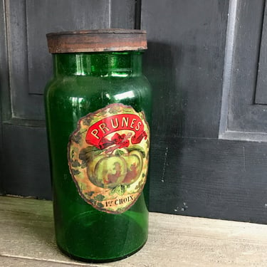 French Glass Prune Jar, Original Label, Original Lid, Garden Decor, Historical Cupboard Display, French Farmhouse 