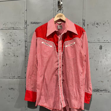 Vintage 70s  Jcpenny  Western Apparel pearl snap Long Sleeve Shirt unisex red plaid 16.5 x 34 