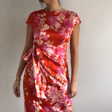 90s silk charmeuse dress / vintage pink floral liquid silk cap sleeve boat neck ruched wrap cocktail wiggle dress | Medium 