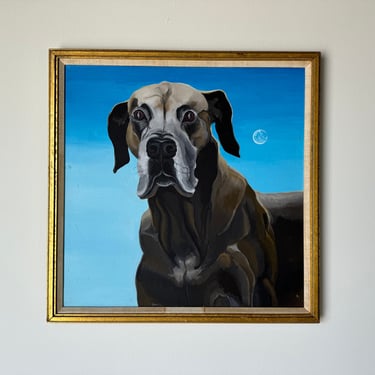 1970's Vintage Surrealism Dog Portrait Oil Painting, Framed 