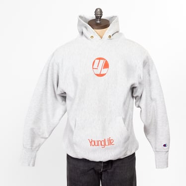 XL 90s Young life Champion Reverse Weave Hoodie | Vintage Heather Grey Christian Graphic Hooded Sweatshirt 