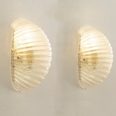 Set of 2 Clear Murano glass shell wall sconce with brass frame, Made in Italy lighting 