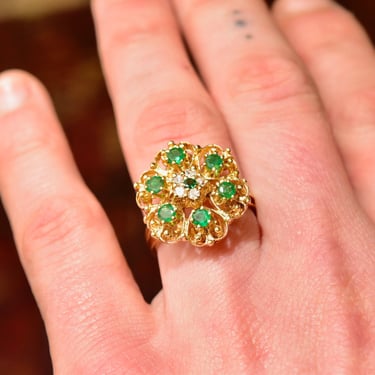 Vintage 14K Gold Emerald Cluster Ring, Multi-Stone Floral Dome Ring, Yellow Gold Wire Band, 585 Cocktail Ring, Size US 