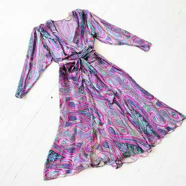 1980s Purple Paisley Print Silk Farm Wrap Dress 