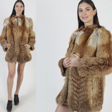 Orange Fox Fur Coat, Real Beige Coyote Jacket, Vintage 70s Shaggy Apres Ski Parka 