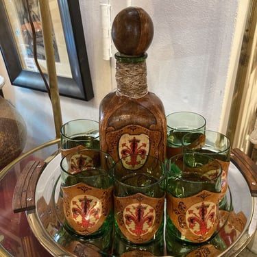 Vintage Italian leather decanter & 6 glasses