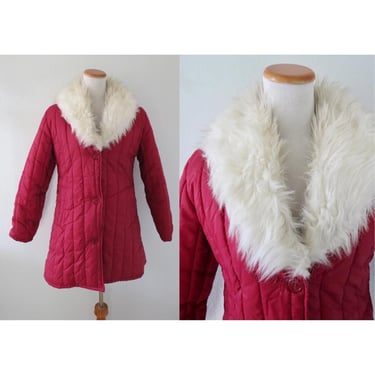 Vintage Women's Puffer Jacket with Faux Fur Collar - 1970s 70s Maroon Burgundy Winter Coat - Boho Hippie Style - Size Medium 