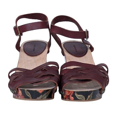 Isabel Marant - Maroon &amp; Floral Print Wooden Strappy Sandals Sz 9