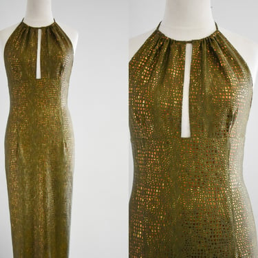 1990s Caché Green and Metallic Halter Maxi Dress 