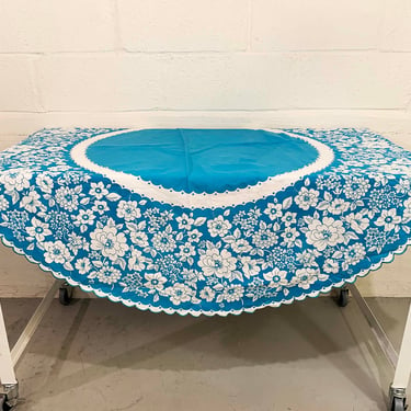 Vintage Blue Tablecloth Circle Mid-Century Round Round Table Cloth Dining Kitchen Handmade White Scalloped Edges Linen Boho 1970s 