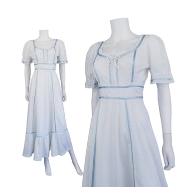 Vintage White Eyelet Dress, Medium / 70s Empire Waist Maxi Dress / Puff Sleeve Prairie Dress / 1970s Ruffled Renaissance Cottagecore Dress 