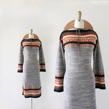 60s 70s geometric knit dress - s - vintage boho hippie long sleeve bell size small sweater midi dress 