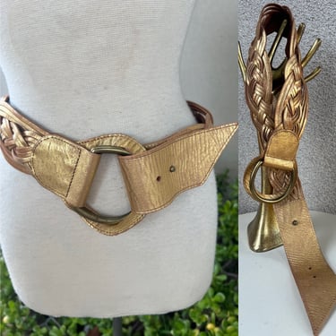 Vintage glam gold bronze metallic belt leather woven fits 26-28” Small by linea Pelle 