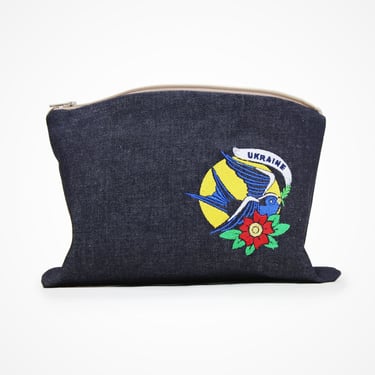 Embroidered Tattoo Flash Sparrow Denim Wallet Coin Make-up Pouch Peace for Ukraine 