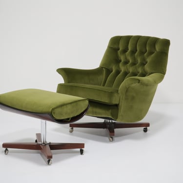 Vintage Green Velvet Swivel Lounge Chair and Ottoman “Model 6250” by G Plan, 1960s.