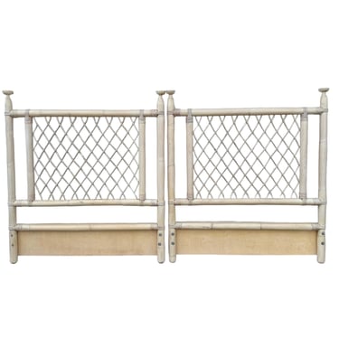 Set of 2 Rattan Twin Headboards by Ficks Reed 55" Tall - Vintage White Wash Bamboo Wood Hollywood Regency Coastal Pair 