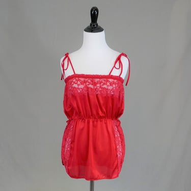 80s Red Lingerie Top - Sheer Lace Trim - Sears - Vintage 1980s - L 