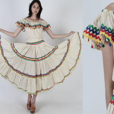 Ballet Folklorico Dress, Mexican Dance Costume, Off The Shoulder Fiesta Dress, Colorful RicRac Party Dress, Restaurant Style Maxi 
