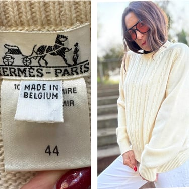 HERMES PARIS 100%CASHMERE Sweater Cozy Cream White Cableknit Made in Belgium S M 