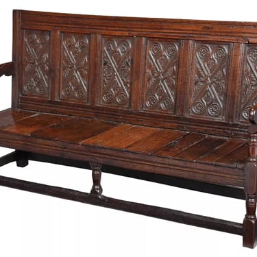 Antique Hall Bench, Italian Renaissa. Revival, Carved Walnut, Cornice, E. 1900s