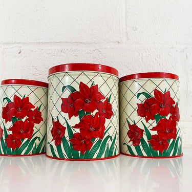 Vintage Kitchen Canister Set of 3 Poinsettia White Floral Canisters Metal Jar Retro Kitchen Flowers Flower Christmas Red 1950s 