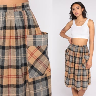 Plaid Midi Skirt 70s 80s School Girl Skirt Wool Blend Pleated Tartan High Waist Pockets Boho Preppy Secretary Checkered Retro Vintage Small 