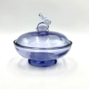 Vintage Thistle Purple Lilac Glass Covered Candy Dish with Rabbit Bunny Handle on Lid, Easter Bowl, Decor 