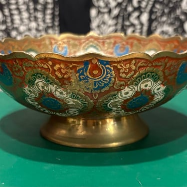 VINTAGE ENAMELED BRASS SCALLOPED FOOTED BOWL | 6&quot; W X 2.5&quot; H