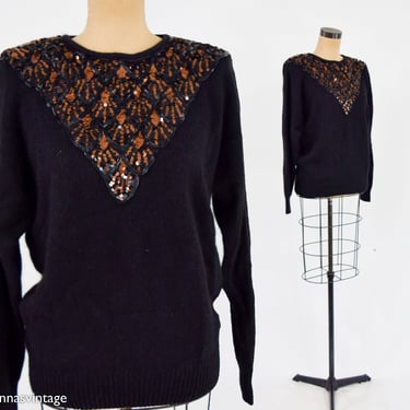 1980s Black Sequin Beaded Sweater | 80s Black Knit  Beaded Sweater | Le Chois | Medium 