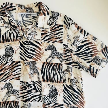 Vintage 90s Neutral Safari Checkered Board Animal Print Short Sleeve Shirt 