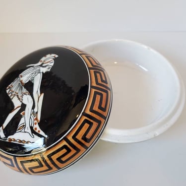 Greek key vintage ceramic round box 