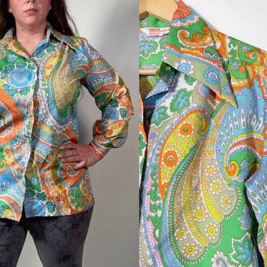 Vintage 70s Dagger Collar Psychedelic Paisley Print Blouse Size L/XL 