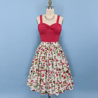 Handmade 1950s Style Vintage Novelty Print Swing Skirt, 50s Reproduction Full Cotton Skirt 