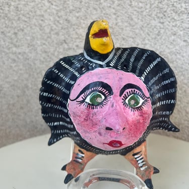Vintage Mexican Coconut Mask Bird Women Theme 6” X 5.5” x 3” Folk Art 
