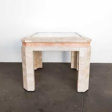 Tessellated Travertine Limestone End Table with Brass Inlay 