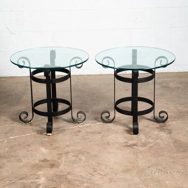 Mid Century Modern Side Tables Round Wrought Iron Glass Black California End Two