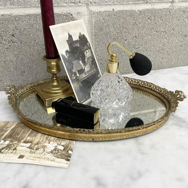 Vintage Mirrored Tray Retro 1980s Hollywood Regency + Gold Metal + Ornate Floral Design + Oval + Bar Tray + Home and Vanity Decor 