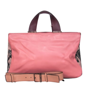Pour La Victoire - Pink Leather Convertible Satchel w/ Snakeskin, Maroon & Beige Trim