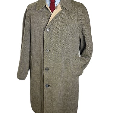 Vintage 1950s/1960s J PRESS Wool TWEED Reversible Balmacaan Overcoat ~ size 44 R ~ Trench Coat / Topcoat ~ Herrignbone 
