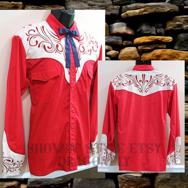 Dragonfly Men's Vintage Retro Western Cowboy Rodeo Shirt, Red & Ivory, Embroidered Swirl Designs, Large (see meas. photo) 