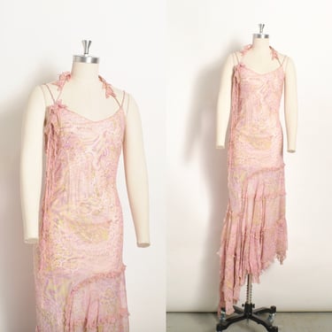 Vintage 2000s Dress / Y2K Diane Freis Asymmetrical Silk Halter Gown / Pink ( S M ) 