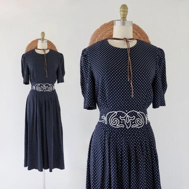 navy micro dot dress - m - vintage 90s y2k dark blue white womens size medium polka dot long short sleeve cute cottage cottagecore 